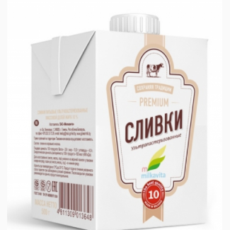 Сливки ультрапастеризованные м.д.ж. 10% в упаковке tba square белорусия тм милкавита